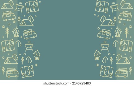 Camping seamless vector pattern. Outdoor recreation, hike horizontal banner with outline icons of campfire, tent, truck, map, barbecue and forest. Design for web page poster, wallpaper, packaging.