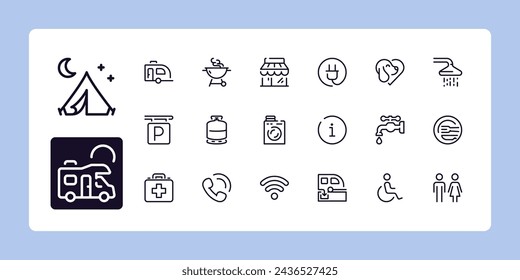 Conjunto de iconos de línea de servicios de camping. Colección de símbolos de contorno. Trazo vectorial editable. 384 y 192 píxeles Perfecto ampliable a 96px, 48px...