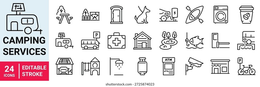 Servicios de camping Iconos vectoriales Conjunto. tienda de campaña, caravana y estacionamiento para autocaravanas, servicios de senderismo