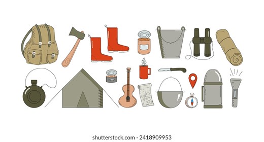 Camping set for the amateur tourist. Travel, hike, tourism, outdoor recreation. Equipment, Backpack, tent, sleeping mat, water flask, thermos, food. Rubber boots, compass. Doodle drawings. Military.