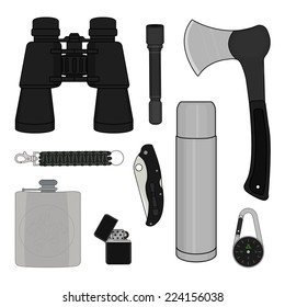 Camping set: binoculars, flashlight, ax, survival paracord bracelet, folding pocket knife, aluminium thermos, compass, lighter, flask