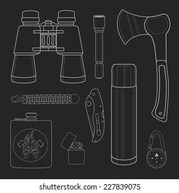 Camping set: binoculars, flashlight, ax, survival paracord bracelet, folding pocket knife, aluminum thermos, compass, lighter, flask. Chalk on blackboard drawing vector illustration 