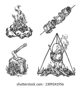 Camping set. Campfire, axe, skewer and hot food. Sketch. Engraving style. Vector illustration.