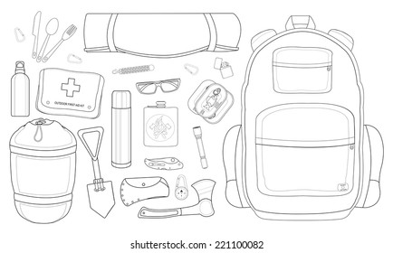 Camping set: carabiner, knife, spoon, fork, mat, backpack, lighter, canned food, flashlight, ax, compass, pocket knife, flask, sunglasses, bracelet, first aid, shovel, sleeping bag, bottle, thermos.