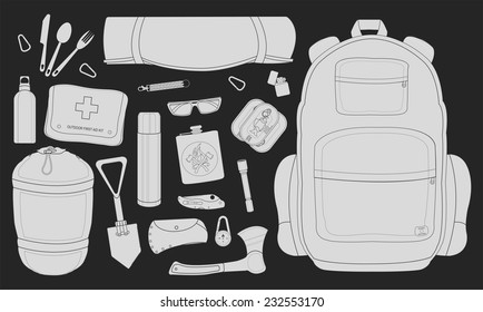 Camping set: carabiner, knife, spoon, fork, mat, backpack, lighter, canned food, flashlight, ax, compass, pocket knife, flask, sunglasses, bracelet, first aid, sleeping bag. Chalkboard illustration