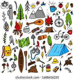 Camping set in cartoon style. Camping, hiking on an isolated white background. Nature, forest recreation, sport. Stock vector illustration.