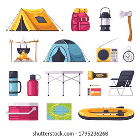 Camping set with cartoon tent map boat compass backpack axe fire flask matches isolated on white background vector illustration