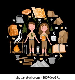 
camping set in circle shape on the black background