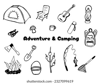 Camping Set Kollektion von schwarz-weiß handgezeichnet Elemente. Einzeln auf weißem Hintergrund. Kann für das Design von gedruckten Produkten, für Web-Symbole, Websites verwendet werden