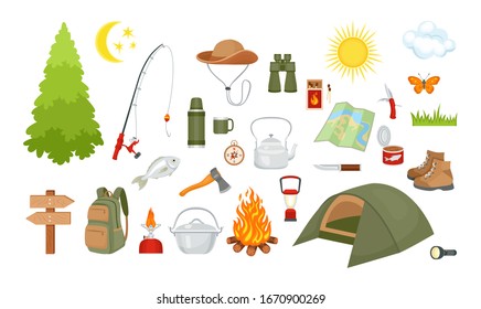 Camping set. Collection of vector illustrations with elements and equipment for hiking isolated on white background.  Outdoor activity. Tourism icons in cartoon flat style. 