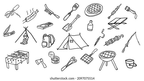 Camping set in doodle style. Hand drawn isolated vector illustration.