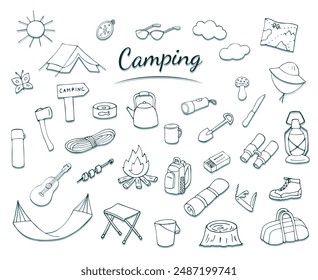 Camping set in doodle style. Hiking, trekking, travel, tourism concepts,  Hand drawn Vector illustration. Isolated design elements on white. 