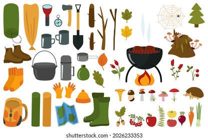 Camping and set of elements for a hike. Tent, sleeping bag, thermos, flashlight,  backpack, bowler hat, shoes, mugs, shovel, map, mushrooms and berries. Vector illustration, isolated