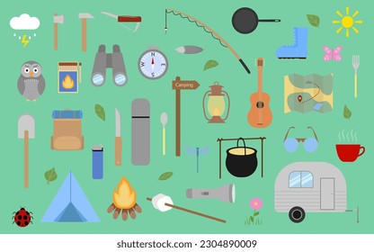 Camping set. Equipment for hiking, trekking, climbing. Flat accessories of tourism. Tools for travelling. Vector illustration