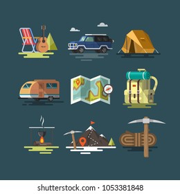 Camping. Set of camping equipment symbols and icons. Flat design.