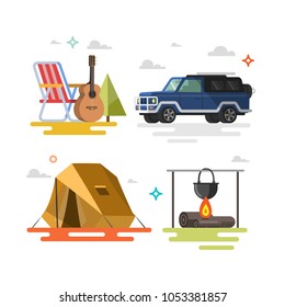 Camping. Set of camping equipment symbols and icons. Flat design.