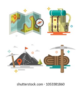 Camping. Set of camping equipment symbols and icons. Flat design.