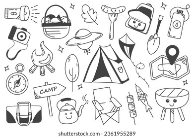 Juego de camping en línea plana. El magnífico exterior con este encantador conjunto de ilustraciones de diseño plano, con todos los elementos esenciales para una memorable aventura de camping. Ilustración vectorial.