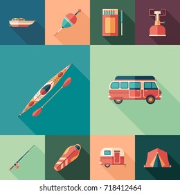 Camping set of flat square icons with long shadows.