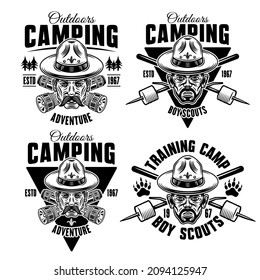 Camping set of four monochrome vector emblems, badges, labels or logos in vintage style with man in boy scout hat, flashlights and marshmallow on sticks isolated on white