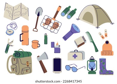 Camping set graphic elements in flat design. Bundle of map, shovel, grilled meat, binoculars, tent, compass, thermos, mug, lighter, flashlight, matches and other. Vector illustration isolated objects