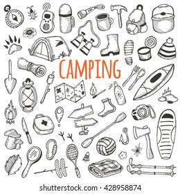 Camping set. Hand drawn picnic elements for your design. Vector illustration. Flashlight, marshmallow, camera, map, compass, backpack, tent, ax, fire, rope, road sign, fishing hook, binoculars, pot.