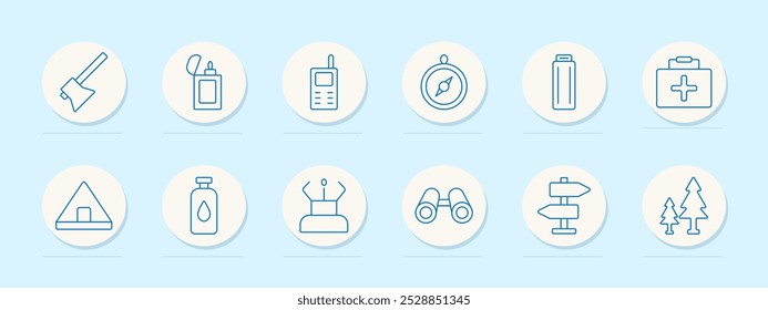 Camping set icon. Axe, lighter, walkie-talkie, compass, battery, first aid kit, tent, water bottle, camp stove, binoculars, signpost, pine trees, hiking, survival tools, navigation, camping equipment