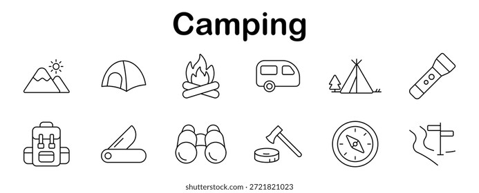 Icono de conjunto de camping. Montaña, tienda, fogata, remolque, linterna, mochila, navaja, binoculares, hacha, brújula, rebanada de troncos, señal de sendero renderizada en estilo de línea al aire libre.