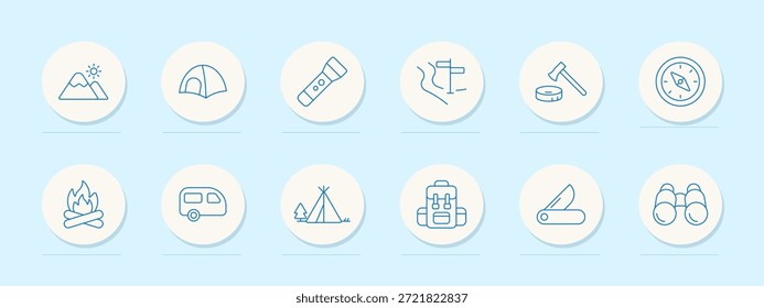Icono de conjunto de camping. Montaña, tienda, linterna, camino, hacha, brújula, fuego, remolque, campamento, mochila, cuchillo, binoculares. Naturaleza, viaje, caminata, supervivencia, equipo, bosque, al aire libre, Explore, viaje, salvaje.