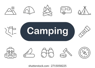 Ícone do conjunto de campismo. Tenda, fogueira, montanha, trailer, lanterna, mochila, bússola, faca, binóculos, machado, mapa, floresta, natureza, viajar, caminhadas, exterior, aventura, turismo, descanso, exploração.