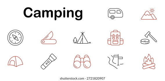 Icono de conjunto de camping. Tienda de campaña, brújula, mochila, mapa, caravana, cuchillo, linterna, binoculares, fuego, camino, señal de sendero, hacha, caravana, al aire libre, viaje, bosque, montaña, supervivencia.