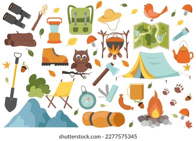 Camping set icons concept in the flat cartoon design. Images of things and tools that will be needed in camping. Vector illustration.