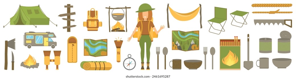 Camping set. Icons for hiking. Vector