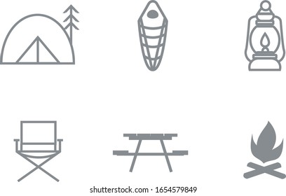 Camping Set icons perfect for summer camp flyers and posters. Outlined vector illustration.