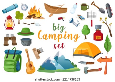 Camping set with isolated elements in flat cartoon design.