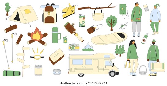 Campingplatz isoliert auf weißem Hintergrund. Touristen Charaktere und Wandergegenstand. Frühjahr und Sommer Reisen und Picknick-Tools. Kochen im Park, Wald und Berg. Reisen mit Menschen. Vektorgrafik.