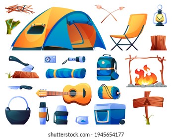 Camping set isolated tourist equipment icons. Vector hiking tent, sleeping bag and campfire, guitar and torch lighter, lamps and ax in log. Resting chair, backpack rucksack, compass and mug, pointer