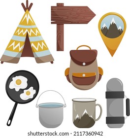 Juego de camping, kit de equipos de senderismo, wigwam, caldera y taza de metal, marcador de ubicación y flecha de madera, termo, huevos revueltos en una sartén, mochila. Elementos vectoriales para relajarse en la naturaleza