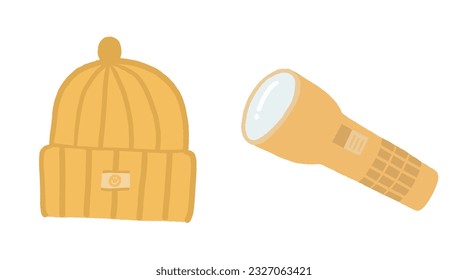 Juego de camping, sombrero de punto, linterna