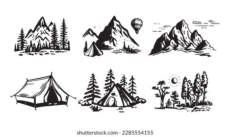 Camping set, Mountain landscape,  hand drawn style, vector illustration.