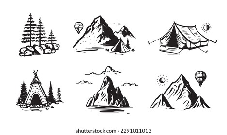 Camping set, Mountain landscape,  hand drawn style, vector illustration.