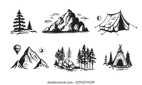 Camping set, Mountain landscape,  hand drawn style, vector illustration.