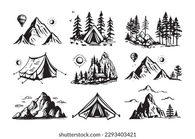 Camping set, Mountain landscape, hand drawn style, vector illustration.	