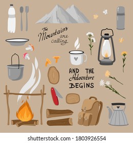camping con montañas sobre el fondo beige