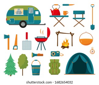 Camping  set on white background. Collection of elements or icons for summer camping concept design. Vector illustration.