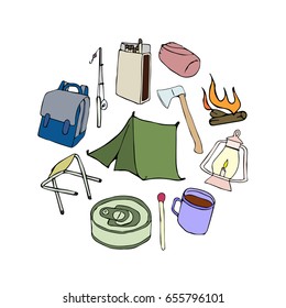 Camping set on white background vector illustration. Binoculars, bowl, barbecue, boat, lantern, shoes, hat, tent, campfire. Doodle style. Design icon, print, logo, poster, symbol, decor, textile