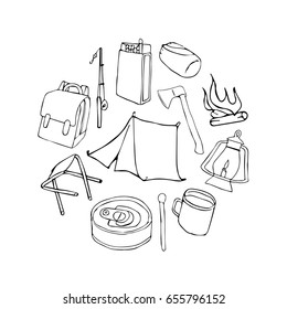 Camping set on white background vector illustration. Binoculars, bowl, barbecue, boat, lantern, shoes, hat, tent, campfire. Doodle style. Design icon, print, logo, poster, symbol, decor, textile
