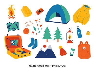Camping set. Outdoor recreation, nature exploration hiking and expedition. Vector adventure set with map, tent and bonfire
