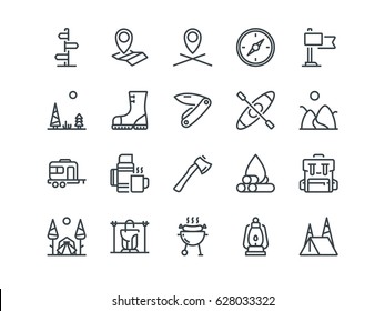 Camping. Set of outline vector icons. Includes such as Tent, Canoe, Compass and other. Editable Stroke. 48x48 Pixel Perfect.