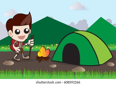 Camping set with people and objects. Vector illustration.